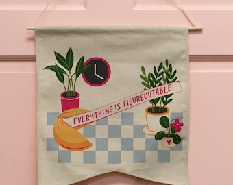 Everything is Figureoutable Natural Canvas Wall Hang, Hand Illustrated Fortune Cookie Checkered, Cute Dorm Room Home Decor, Plant Mom Gift
