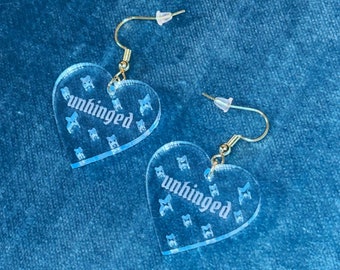 Unhinged Heart-Shaped Earrings, Blue Fluorescent Cast Acrylic, Handmade Transparent Statement Dangle Hoop Drop Earring Translucent Jewelry