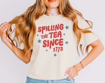 Handwritten Tea Spilling Boxy Crop Top, Comfort Colors Vintage Graphic Tee, 4th of July Independence Day Fourth Cook Out Grilling Shirt