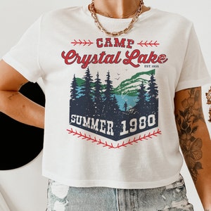 Camp Crystal Lake Crop Tee, Trendy Cropped Shirt, Cute Horror Movie Crystal Lake Flowy Crop Top, Fun Trendy Summer Funny Cropped Tshirt