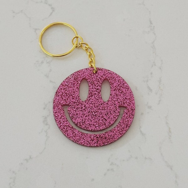 All Smiles Outline Glitter Acrylic Keychain, Smile Face Handmade Key Chain, Pink Blue Red Black Glitter Keyring, Fun Charm Accessories, Gift
