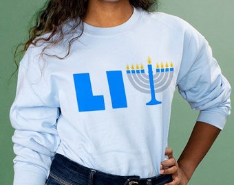 Hanukkah Lit Crewneck Sweatshirt, Menorah, Holiday, Festive, Cute, Trendy, Fun, Festive Hanukkah Crewneck Sweatshirt