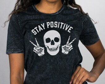 Stay Positive Black Mineral Wash Shirt, Funny Skeleton Vintage Style Halloween Graphic Tee