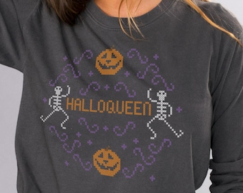 Halloqueen Cross-Stitch Pepper Comfort Colors Long Sleeve Shirt, Funny Halloween Fall Graphic Tee, Trendy Pumpkin Patch T-Shirt Outfit