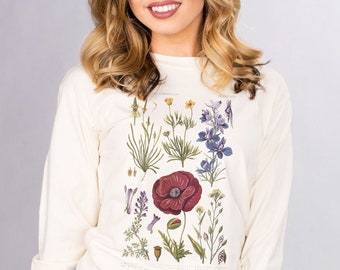 Floral Botanical Chart Ivory Comfort Colors Long Sleeve Shirt, Trendy Graphic Tee, Flowers, College Girl Outfit Gift 5 Star Rated T-Shirt