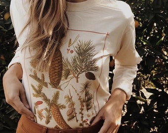 Vintage Pine Tree Chart Comfort Colors Long Sleeve T-Shirt, Trendy Holiday Apparel, Botanical Chart Ivory and Chambray Cotton Shirt