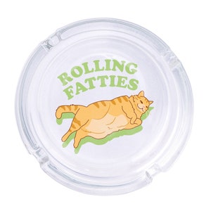 Rolling Fatties Round Glass Ashtray 4.25", Cute Clear Glass UV Printed Ash Tray Smoking Gift