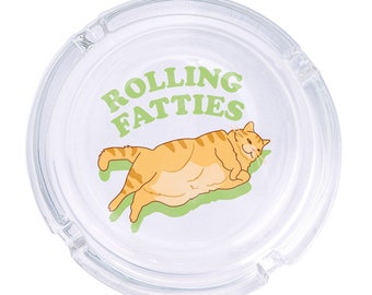 Rolling Fatties Round Glass Ashtray 4.25", Cute Clear Glass UV Printed Ash Tray Smoking Gift