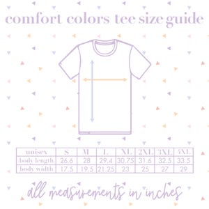 Peut inclure: Un tableau montrant les tailles de t-shirts unisexes en pouces pour les t-shirts de la marque Comfort Colors. Le tableau indique les mesures de la longueur du corps et de la largeur du corps pour les tailles S, M, L, XL, 2XL, 3XL et 4XL.