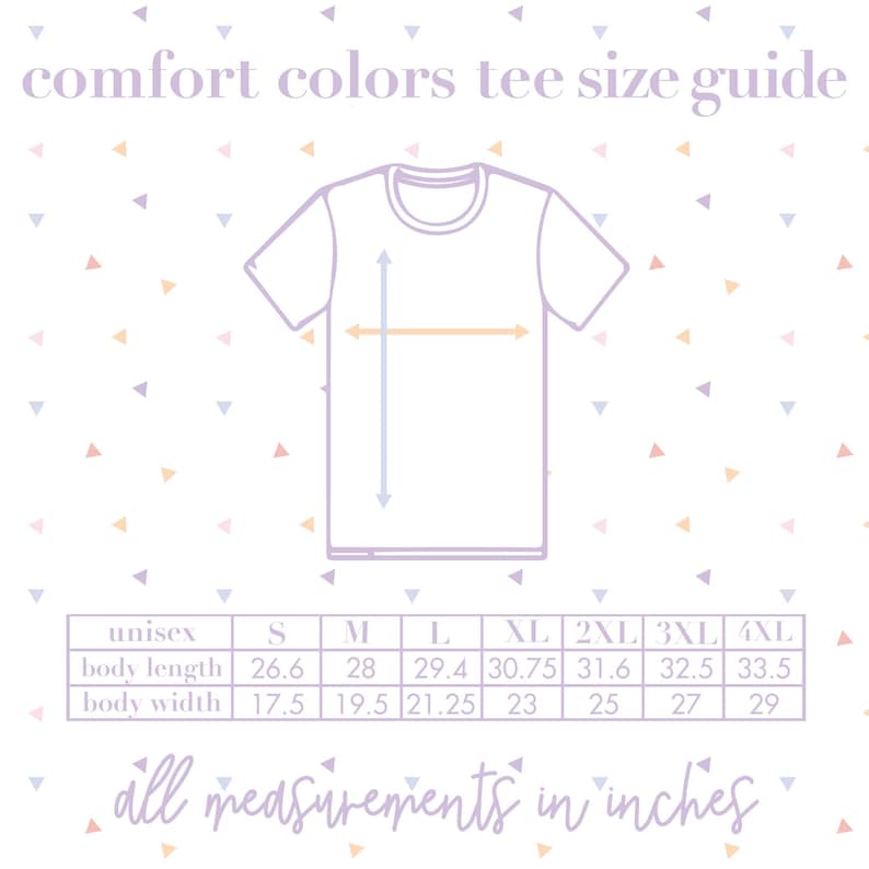 Peut inclure: Un tableau montrant les tailles de t-shirts unisexes en pouces pour les t-shirts de la marque Comfort Colors. Le tableau indique les mesures de la longueur du corps et de la largeur du corps pour les tailles S, M, L, XL, 2XL, 3XL et 4XL.