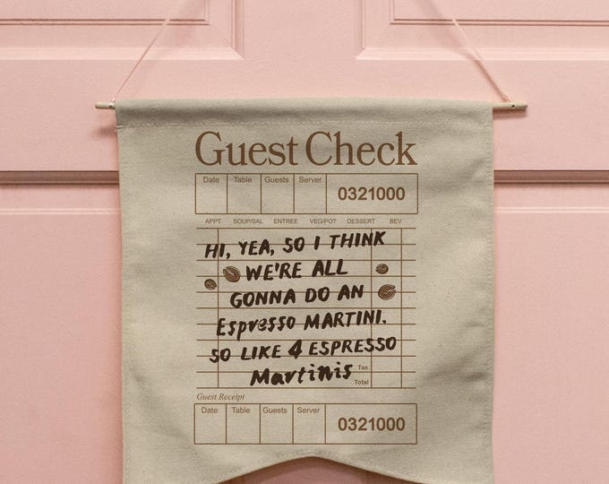 Espresso Martini Guest Check Natural Canvas Wall Hang, Hand Illustrated Home Decor Art, Bar Contemporary Wall Art, Dorm Room Decoration