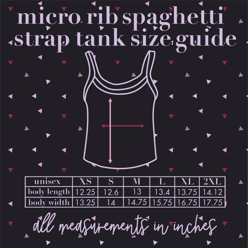 May include: A size guide for a micro rib spaghetti strap tank top. The image features a white line drawing of the tank top with measurements in inches. The size chart includes unisex sizes XS to 2XL, with body length and width measurements.
