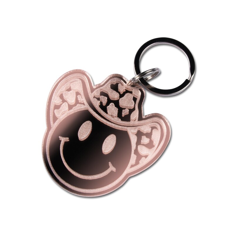 Cowboy Smiles Keychain, Rose Gold Mirror Acrylic, Silver Key Ring