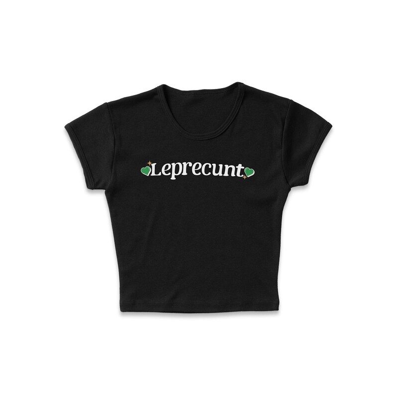 Leprecunt Micro Rib Baby Tee, Funny Y2K Style St. Patrick's Day Outfit, Green Beer St Pattys Top, Irish Pride T-Shirt, Pub Bar Crawl Party Solid Black Blend