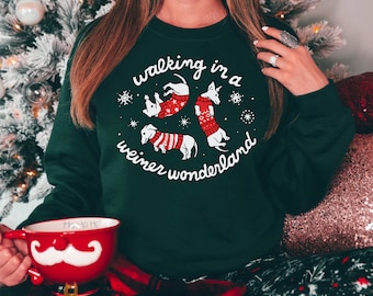 Walking in a Weiner Wonderland Crewneck Sweatshirt, Funny Christmas Crewneck, Dog Lover Sweatshirt,Weiner Dog Crewneck, Ugly Holiday Sweater