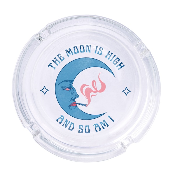 The Moon Is High Round Glass Ashtray 4.25", Cute Clear Glass UV Printed Ash Tray Smoking Gift