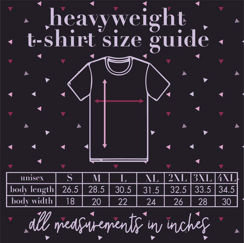 May include: A size chart for heavyweight t-shirts, showing measurements in inches for body length and width. The chart includes sizes S, M, L, XL, 2XL, 3XL, and 4XL.