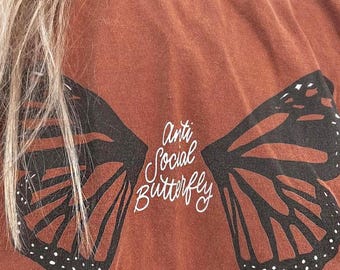Anti-Social Butterfly Yam Short Sleeve Comfort Colors Shirt, Trendy Funny Graphic Tee For Introvert, Gift For Best Friend, College Girl