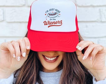 Here For The Wieners Mesh Back Trucker Hat, Summer Funny 4th of July Hot Dog Cap