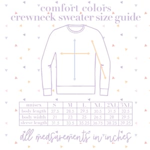 May include: A size chart for unisex crewneck sweaters in various sizes, with measurements for body length, body width, and sleeve length in inches.