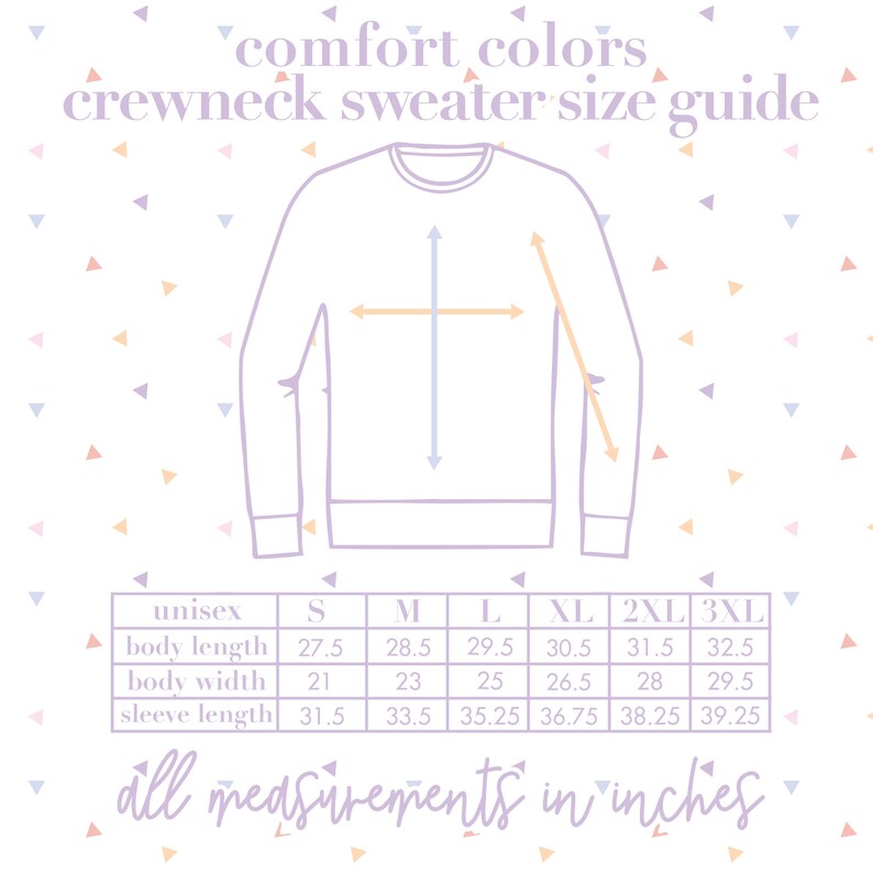 May include: A size chart for unisex crewneck sweaters in various sizes, with measurements for body length, body width, and sleeve length in inches.