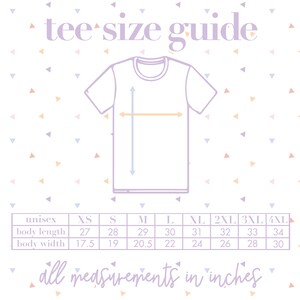 May include: Unisex tee shirt size guide with a graphic of a white tee shirt and a chart showing measurements in inches for sizes XS, S, M, L, XL, 2XL, 3XL, and 4XL.