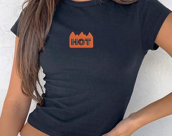 Hot Sticker Embroidered Micro Rib Baby Tee, Music Festival Rave Concert Sticker Tee, Humor Edgy Bold Trendy