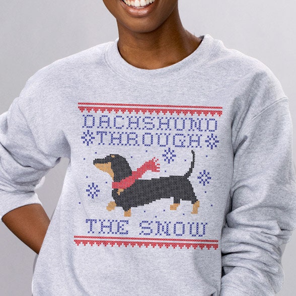 Dachshund Through the Snow Cross Stitch Crewneck Sweatshirt Cute Wiener Dog Christmas Pullover Jumper Ugly Christmas Sweater Etsy