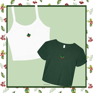 Camiseta de bebé o top de tirantes finos con microcanalé con icono de muérdago, camiseta navideña Y2K.