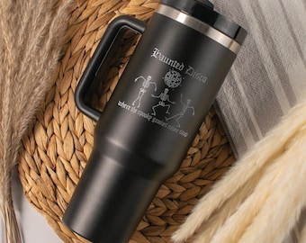 Vaso de 113 ml con diseño de discoteca embrujada, botella de agua grabada con láser en un lado, vasos de viaje, artículos para beber de brujas de temporada espeluznante, esqueleto de calavera de Halloween
