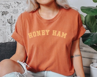 Honey Ham Collegiate Comfort Colors Shirt, Festive Holiday Foodie T-Shirt, Thanksgiving Christmas Food
