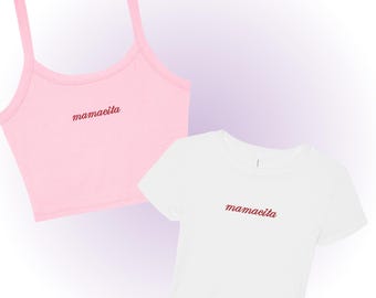 Mamacita Embroidered Micro Rib Spaghetti Strap Tank or Baby Tee,  Unhinged TShirt Crop Tank Top