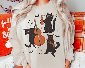 Musical Halloween Cats Crewneck Sweatshirt, Black Cat Spooky Halloween Pullover Sweatshirt, Trendy Magic Crewneck, Vintage Halloween Jumper