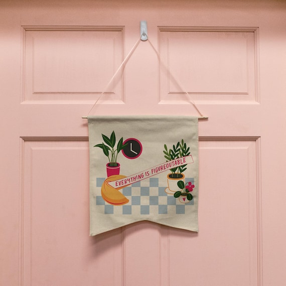 Everything is Figureoutable Natural Canvas Wall Hang, Hand Illustrated Fortune Cookie Checkered, Cute Dorm Room Home Decor, Plant Mom Gift