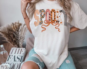 Collegiate Spooky Patterns Comfort Colors Tee, Halloween Witchy Vintage Style Shirt, Boo Basket Gift Idea, Coquette Bow Ghost Witch Pumpkin