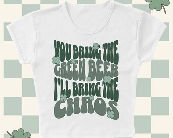 Green Beer Chaos Micro Rib Baby Tee, St. Patrick's Day Outfit, St Pattys Womens Fitted Top, Irish Pride Chaotic T-Shirt, Pub Bar Crawl Party
