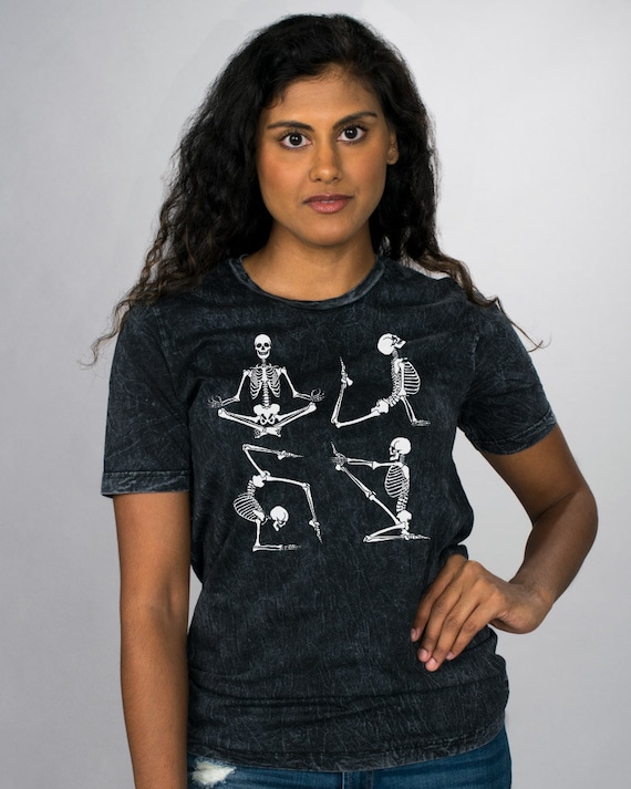 Skeleton Yoga Black Unisex Mineral Wash Shirt, Witchy Halloween Tee Vintage Candle