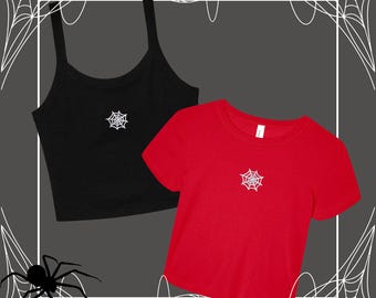 Spider Web Embroidered Micro Rib Spaghetti Strap Tank or Baby Tee, Spider Web Halloween Crop Shirt