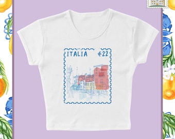 Italia Stamp Micro Rib Baby Tee, Retro Italian Summer Shirt, Aperol Spritz Wine Cocktail Top, Edgy Bold Y2K Style, European Italy Vacation