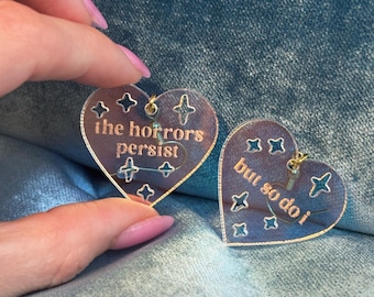 Horrors Persist Heart-Shaped Earrings, Iridescent Frosted Acrylic, Handmade Shimmer Multi-Color Statement Jewelry, Dangle Hoop Drop Earring