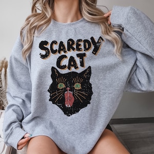 Scaredy Cat Crewneck Sweatshirt, Black Cat Spooky Halloween Pullover Sweatshirt, Trendy Magic Crewneck, Vintage Halloween Jumper