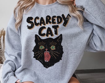 Scaredy Cat Crewneck Sweatshirt, Black Cat Spooky Halloween Pullover Sweatshirt, Trendy Magic Crewneck, Vintage Halloween Jumper
