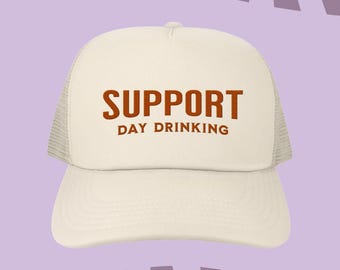 Support Day Drinking Embroidered Laguna Cap, Trendy Trucker Hat, Edgy Street Style, Gifts for College Girls, Gift for Her, Beige Black Cream
