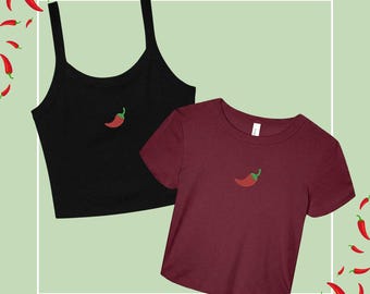 Chili Pepper Icon Embroidered Micro Rib Spaghetti Strap Tank or Baby Tee, Y2K 90s Pepper Crop Tank Top