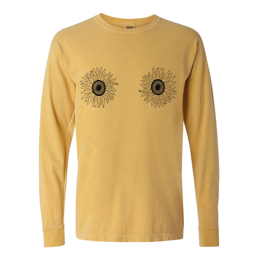 Sunflower Boobs Long Sleeve Tee, Mustard Color Trendy Fall T-shirt, Cute  Sunflower Graphic Shirt 