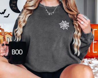 Spider Web Embroidered Left Chest Comfort Colors Crewneck Sweatshirt, Spider Spooky Halloween Sweater