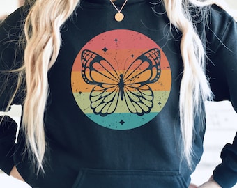 Retro Butterfly Hoodie Sweatshirt, Funny Rainbow Graphic Lounge Wear, Hooded Sweater, Gifts For Her, College Girl