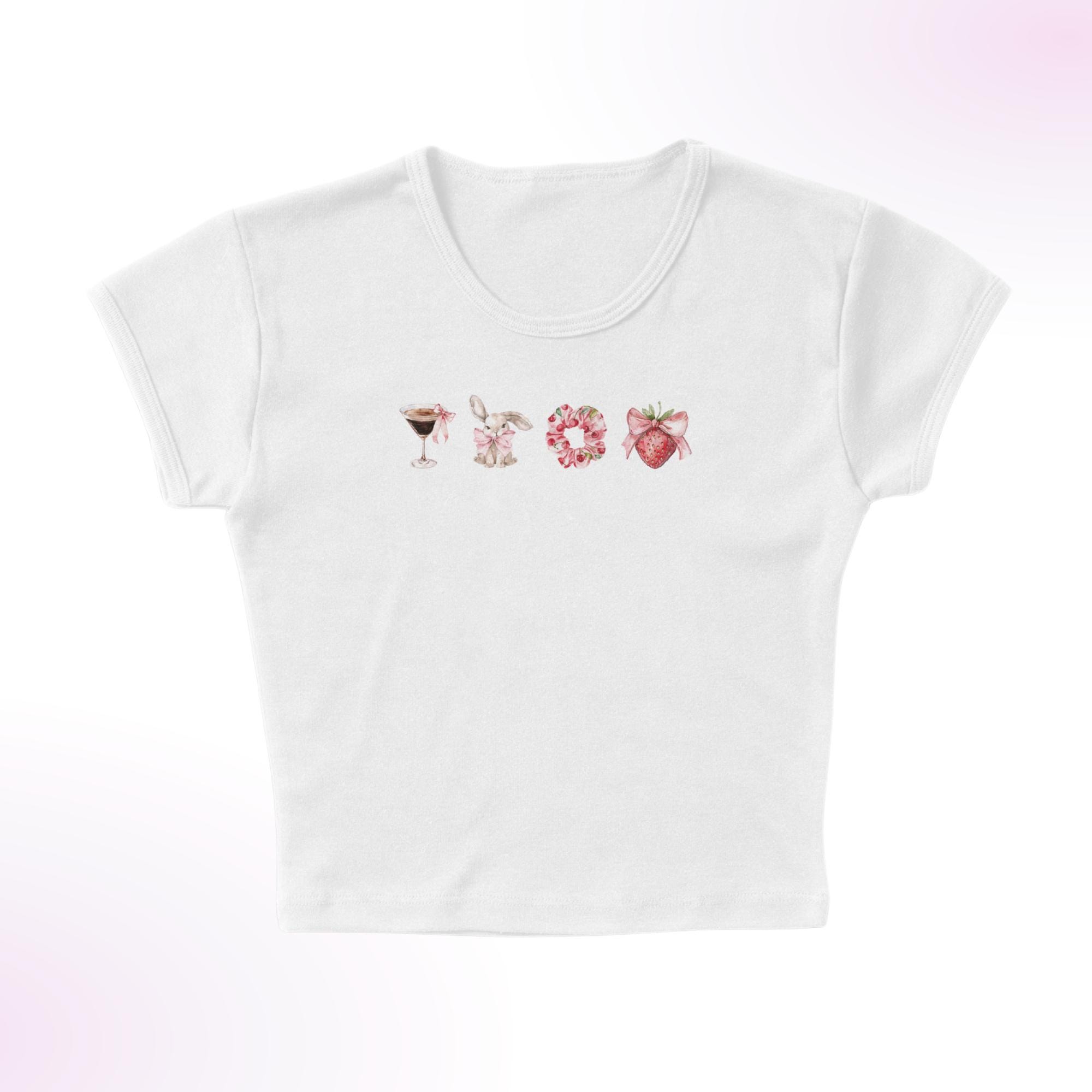 Coquette Row Micro Rib Baby Tee, Trendy Edgy Y2K Style Outfit, Dainty Pink Bow Bunny Fitted Women's Top, Espresso Martini Shirt, Doodle Art
