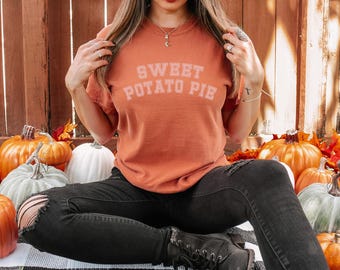Sweet Potato Pie Collegiate Comfort Colors Shirt, Festive Holiday Foodie T-Shirt, Thanksgiving Christmas Food
