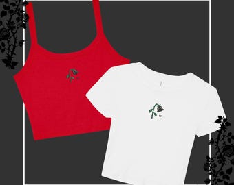 Black Wilted Rose Embroidered Micro Rib Spaghetti Strap Tank or Baby Tee, Gothic Rose Halloween Crop Shirt